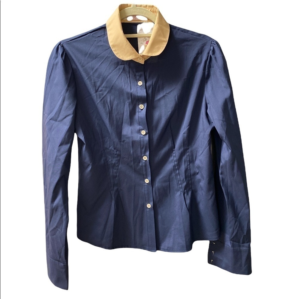Yishunli blouse fitted contrast collar/cuffs button down Size XL NWT